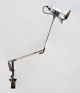 GEORGE CARWARDINE POLISHED ALUMINUM CLIP-ON TABLE LAMP, HERBERT TERRY & SONS, LTD., REDDITCH, ENGLAND, C. 1934