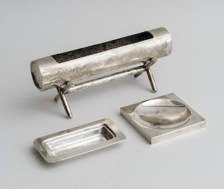 TIFFANY & CO. STERLING SILVER SQUARE DISH, A MEXICAN STERLING SILVER PIN TRAY AND A CHINESE SILVER LOW CONTAINER ON STAND