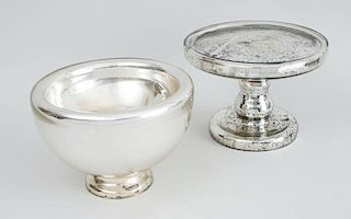 MERCURY GLASS STEMMED CAKE STAND AND A MERCURY GLASS FOOTED BOWL