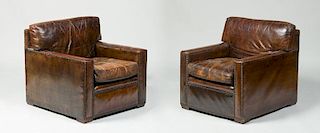 PAIR OF BRASS-STUDDED LEATHER LIBRARY ARMCHAIRS