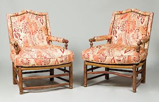 PAIR OF LARGE FRENCH PROVINCIAL FRUITWOOD ARMCHAIRS