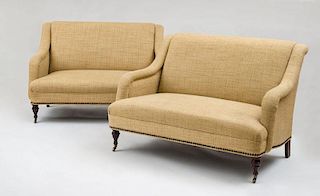 PAIR OF VICTORIAN STYLE BRASS-STUDDED, STRAW-COLORED WOVEN UPHOLSTERED LOVE SEATS, MITCHELL GOLD AND BOB WILLIAMS