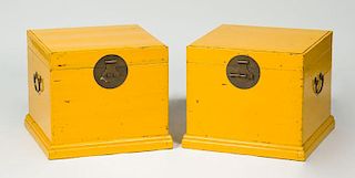 PAIR OF CHINESE METAL-MOUNTED YELLOW LACQUER STORAGE BOXES, LATE 19TH CENTURY
