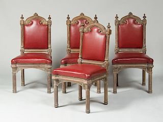 SET OF FOUR ENGLISH NEO-GOTHIC PICKLED OAK SIDE CHAIRS