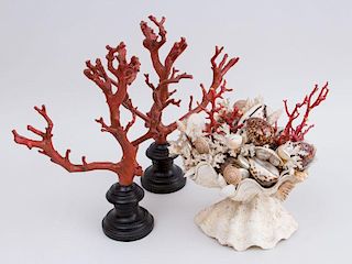 CLUSTERED SHELL AND CORAL CENTERPIECE AND A PAIR OF PAINTED PLASTER "CORAL" SPECIMENS