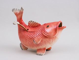 FITZ AND FLOYD POTTERY CARP-FORM TUREEN AND COVER AND A LADLE
