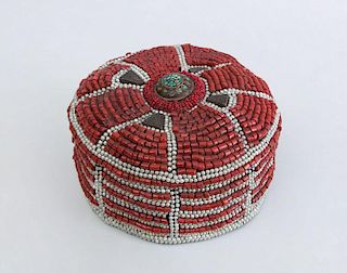 NEPALESE PEARL, TURQUOISE AND CORAL BEAD SKULL CAP