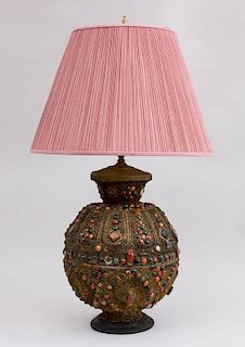 NORTH AFRICAN HARDSTONE-MOUNTED AND GILT-FILIGREE METAL LAMP