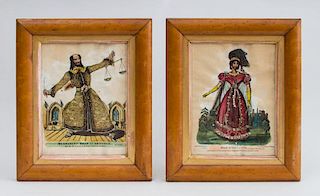 PAIR OF ENGLISH FOIL-BACK ENGRAVED THEATRICAL PORTRAITS WITH APPLIED BEADWORK