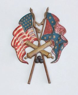 PAINTED WOOD SHIELD OF THE U.S.A. AND A CAST-IRON CROSSED FLAGS WALL MOUNT