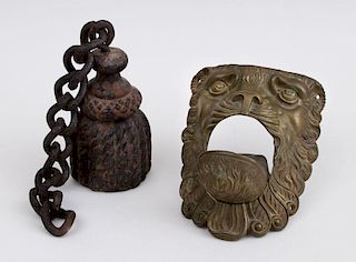 RENAISSANCE STYLE LION HEAD MOUNT AND A CAST-IRON GATE WEIGHT