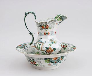 ENGLISH TRANSFER-PRINTED POTTERY PITCHER AND BASIN, IN THE FAMILLE VERTE MANNER