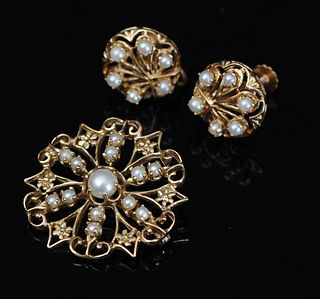 14k Gold Pearl Brooch and Earring Set