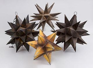 PAIR OF DECORATIVE METAL HANGING STARS, A GILT-METAL STAR AND A GILT DUST STAR