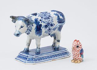 DELFT GLAZED BLUE AND WHITE POTTERY MODEL OF A COW