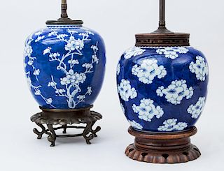 TWO SIMILAR CHINESE BLUE AND WHITE PORCELAIN GINGER JAR LAMPS