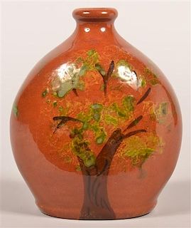 Breininger Redware Flask with Tree Decoration.