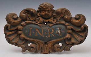 "INRI" Carved and Polychromed Painted Wall Plaque