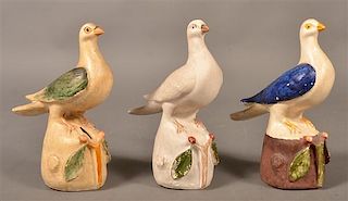 3 Antique Chalkware Pigeon on stump figures.