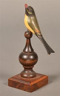 Painted Wood Song Bird Perched on a Finial.