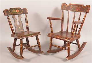 2 Antique Paint Dec. Child's Rocking Chairs.