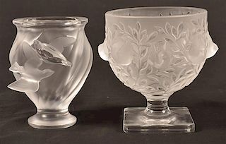 2 Lalique, France Frosted Colorless Glass Vases.