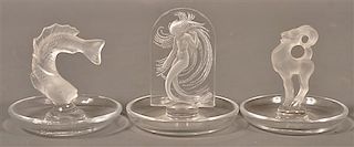 3 Lalique Frosted Colorless Glass Ring Trays.