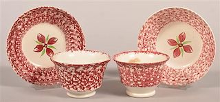 2 Red Sponge China Cups and saucers.