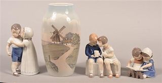 B & G Denmark Windmill Vase and 3 Figurines.