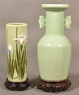 Two Oriental Porcelain Green Celadon Vases.