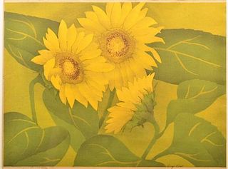 Luigi Rist "Sunflowers" Color Woodcut on Paper.