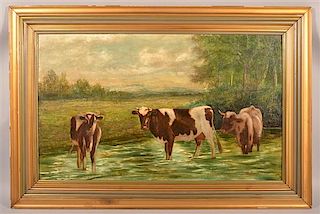 Oil on Canvas Depicting Cows in a Stream.