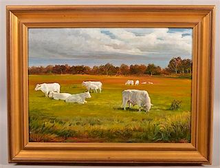 Biff Heins oil on board landscape with cattle.