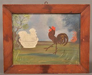 Folk Art Oil on Artist Board Painting of a Rooster.