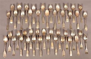 44 Various Coin Silver Fiddle-back Teaspoons.