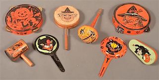 Eight Various Halloween Tin Lithograph Noise Makers.