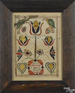 Southeastern Pennsylvania watercolor fraktur, dated 1830, with two birds perched on a tulip tree