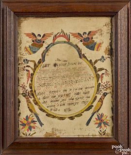 Southeastern Pennsylvania ink and watercolor fraktur, dated 1822, with a central verse
