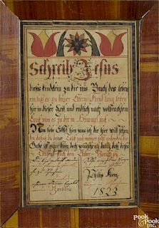 Ink and watercolor fraktur for Phillip Kienz, dated 1823