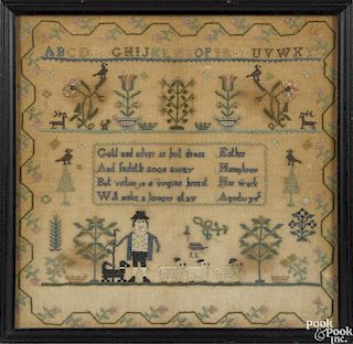 Silk on linen sampler, early 19th c., probably Chester County, Pennsylvania