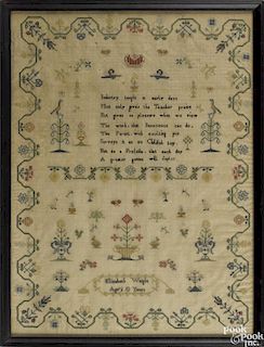 English silk on linen sampler, 19th c., wrought by Elizabeth Waight, 23 3/4'' x 17 1/2''.
