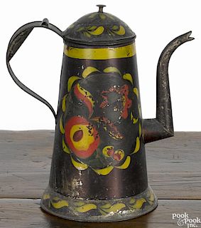 Pennsylvania black tole coffee pot, 19th c., with floral decoration, 10 1/2'' h.