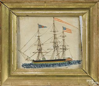 Miniature watercolor of an American frigate, 19th c., the reverse with two military officers