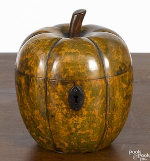 English painted fruitwood pumpkin-form tea caddy, early 19th c., 5'' h.
