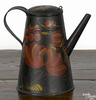 Toleware coffeepot, 19th c., retaining its original floral decoration on a black ground, 8 1/2'' h.