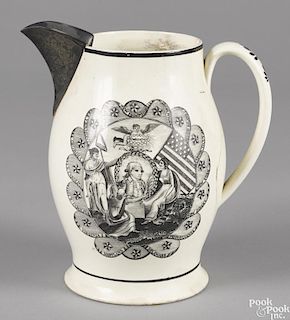 Liverpool Herculaneum pitcher, ca. 1800, decorated with Washington surrounded by fifteen states