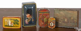 Five tole painted dresser or patch boxes, 19th c., to include an example with a profile bust