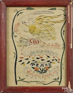 Ink and watercolor calligraphy, late 19th c., with a trumpeting angel, 11 1/2'' x 8 1/2''.