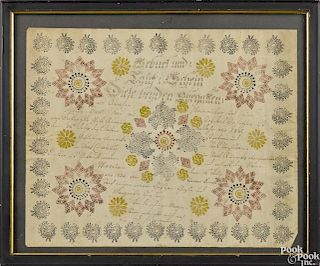 York County, Pennsylvania ink and stencil fraktur birth certificate, dated 1835