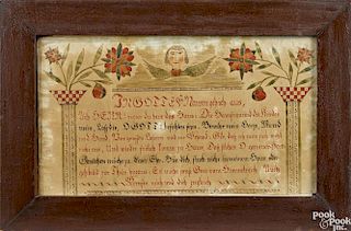 Southeastern Pennsylvania ink and watercolor house blessing fraktur, early 19th c., with flowers